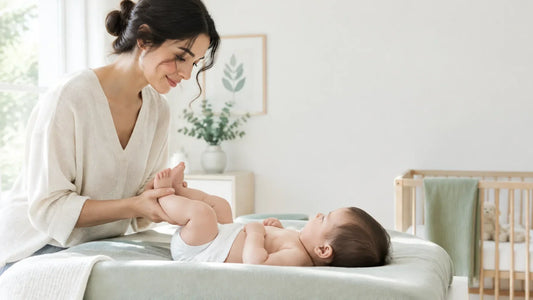 green clay: talc free baby powder guide showing a parent gently caring for a baby in a bright nursery