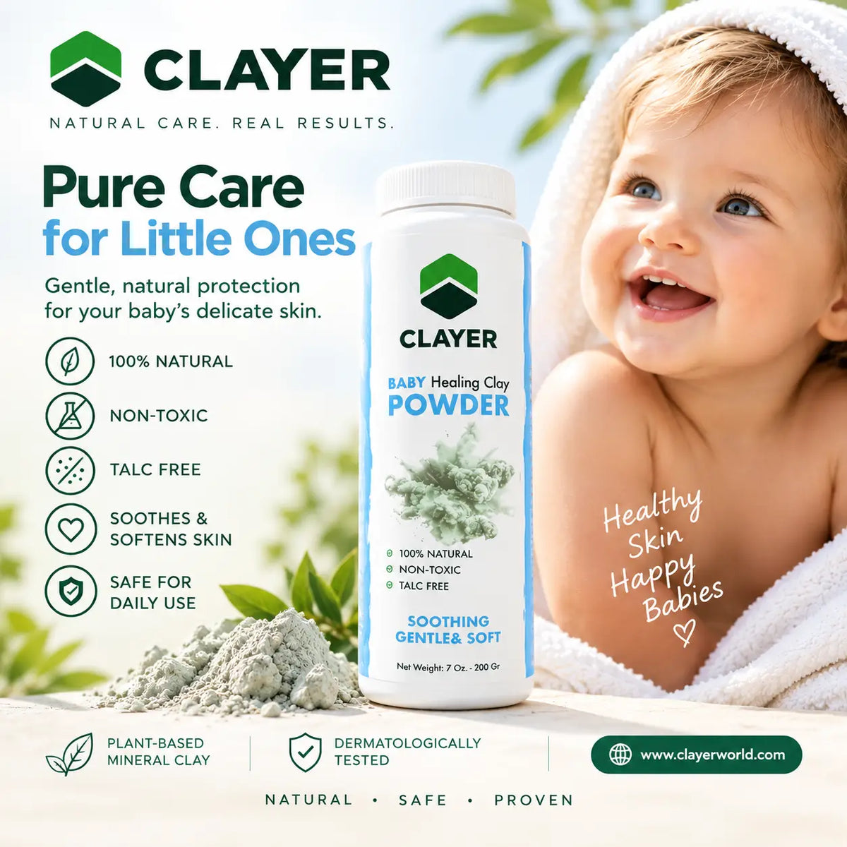 Clay baby powder product image showing natural French green clay and talc-free care