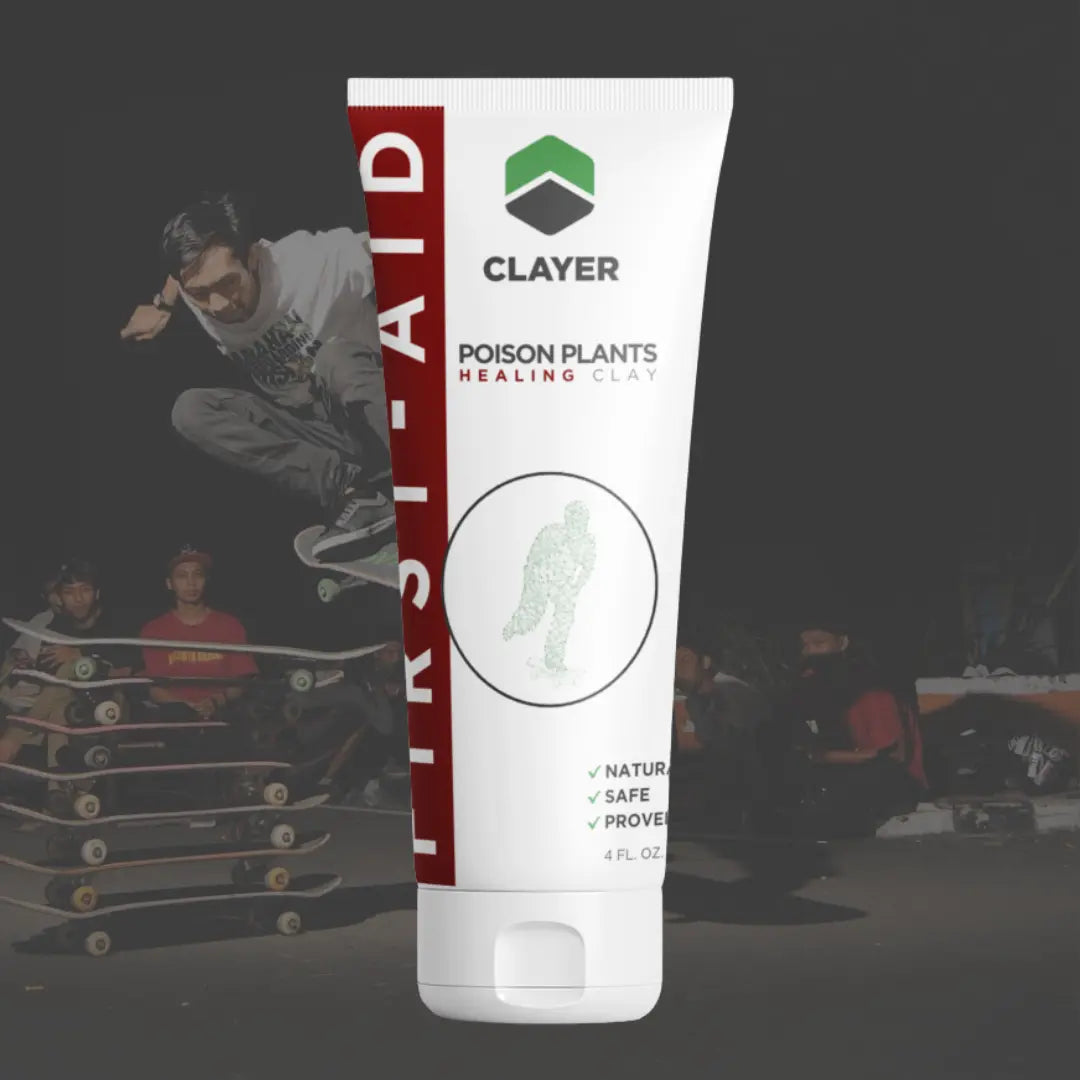 Clayer product tube with a blurred skateboarding scene in the background