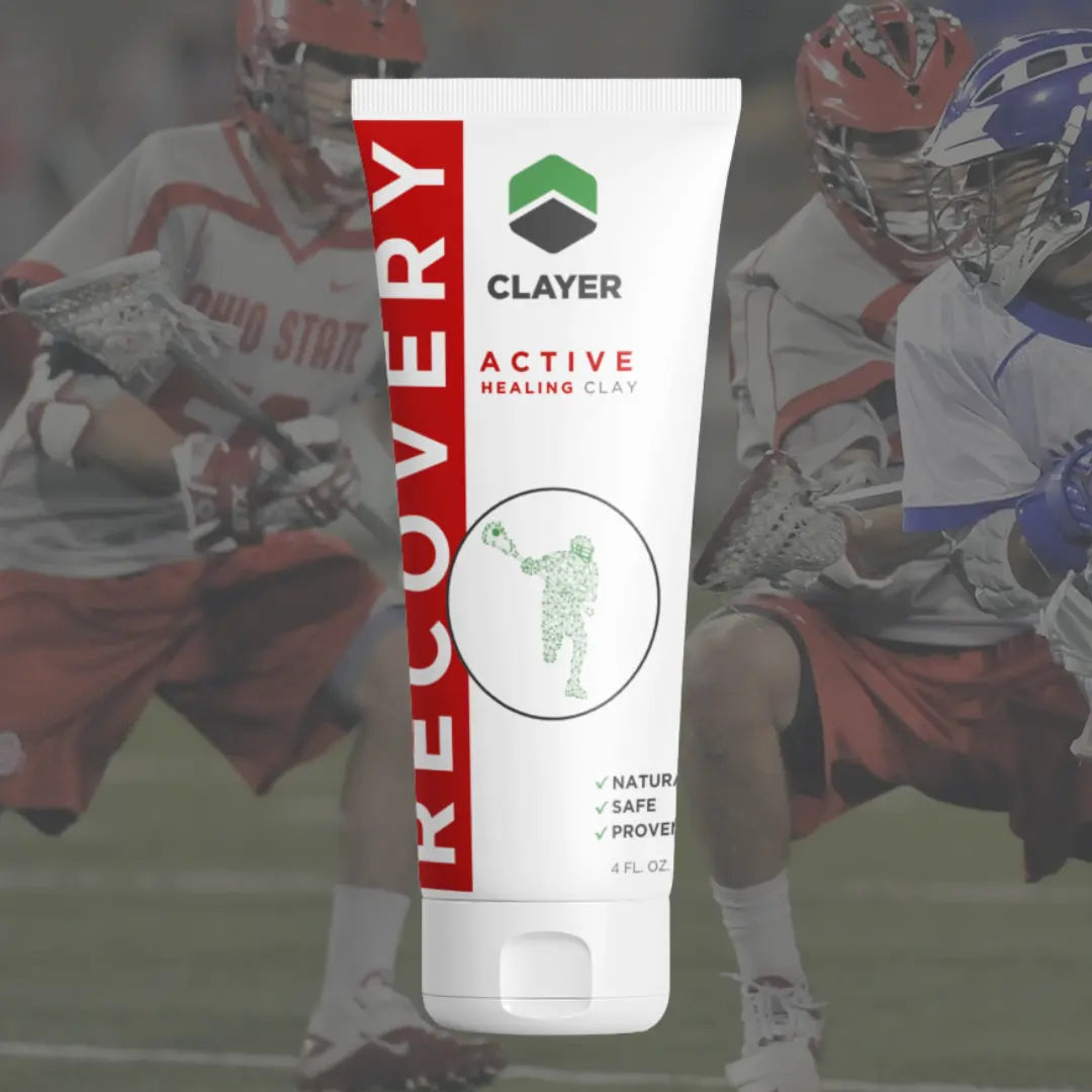 Clayer Recovery Active Healing Clay tube with lacrosse players in the background
