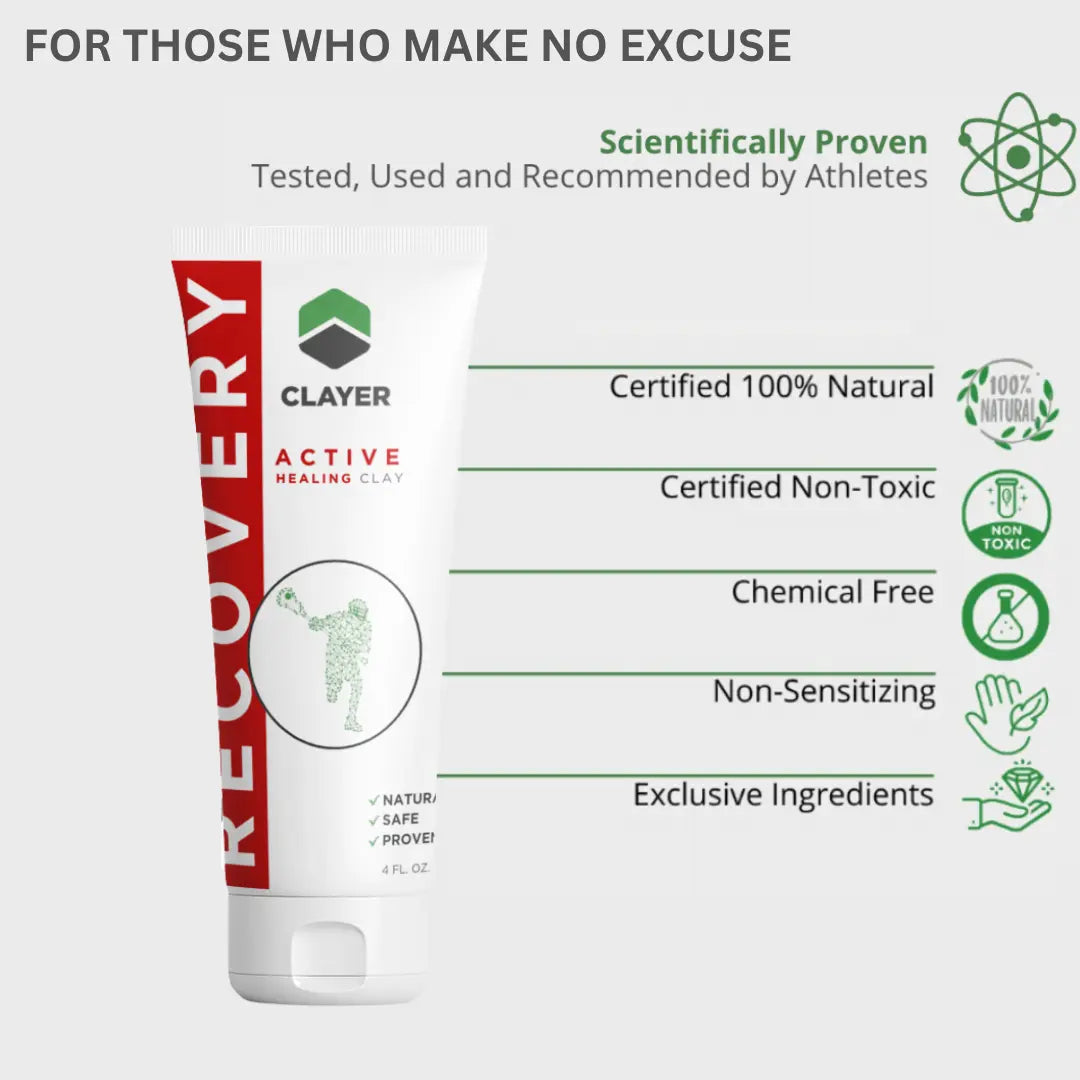 Clayer Active Healing Cream packaging with certification claims on a white background